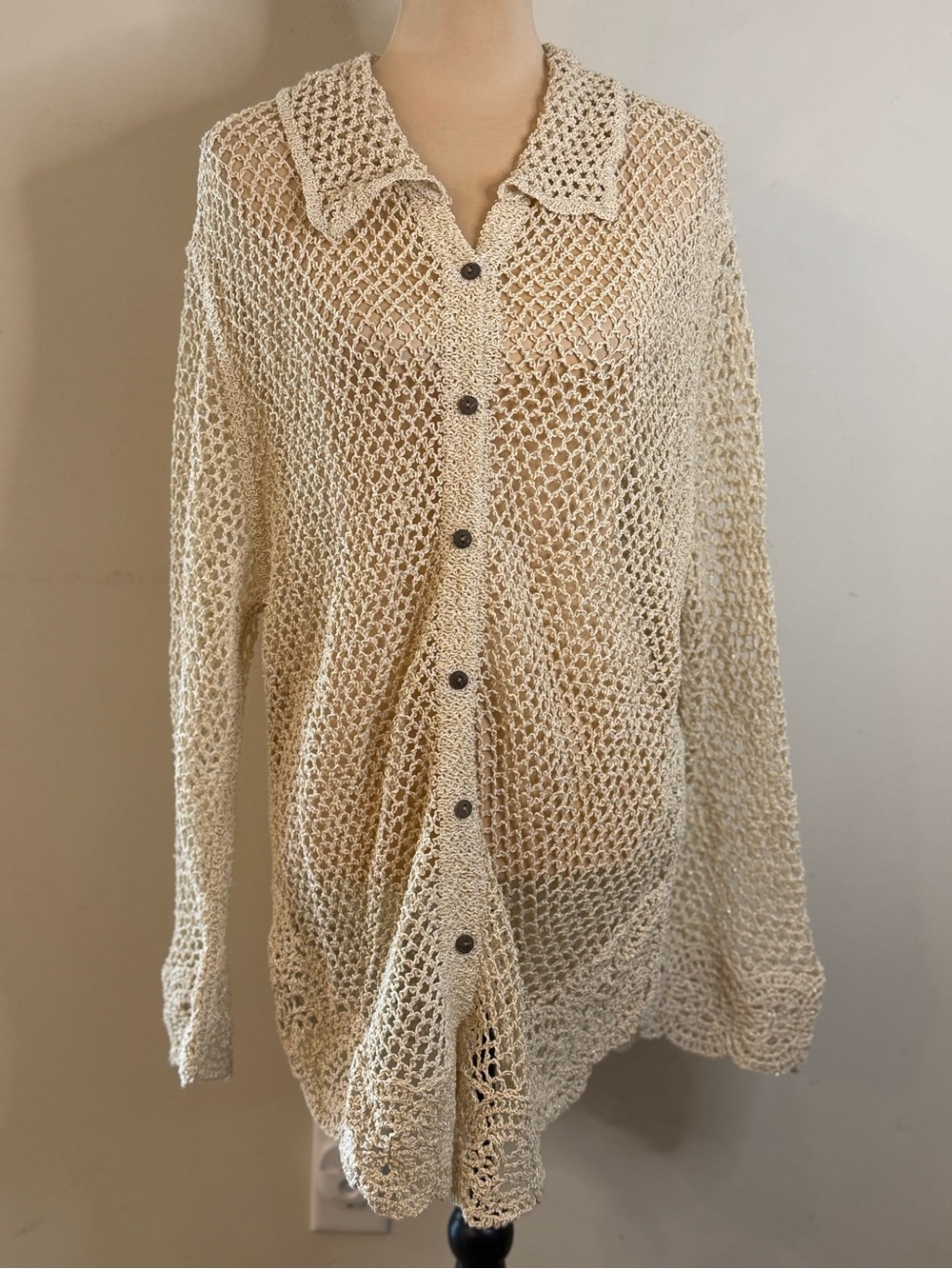 Metallic tan gold floral lace mesh button up sheer coverup OS